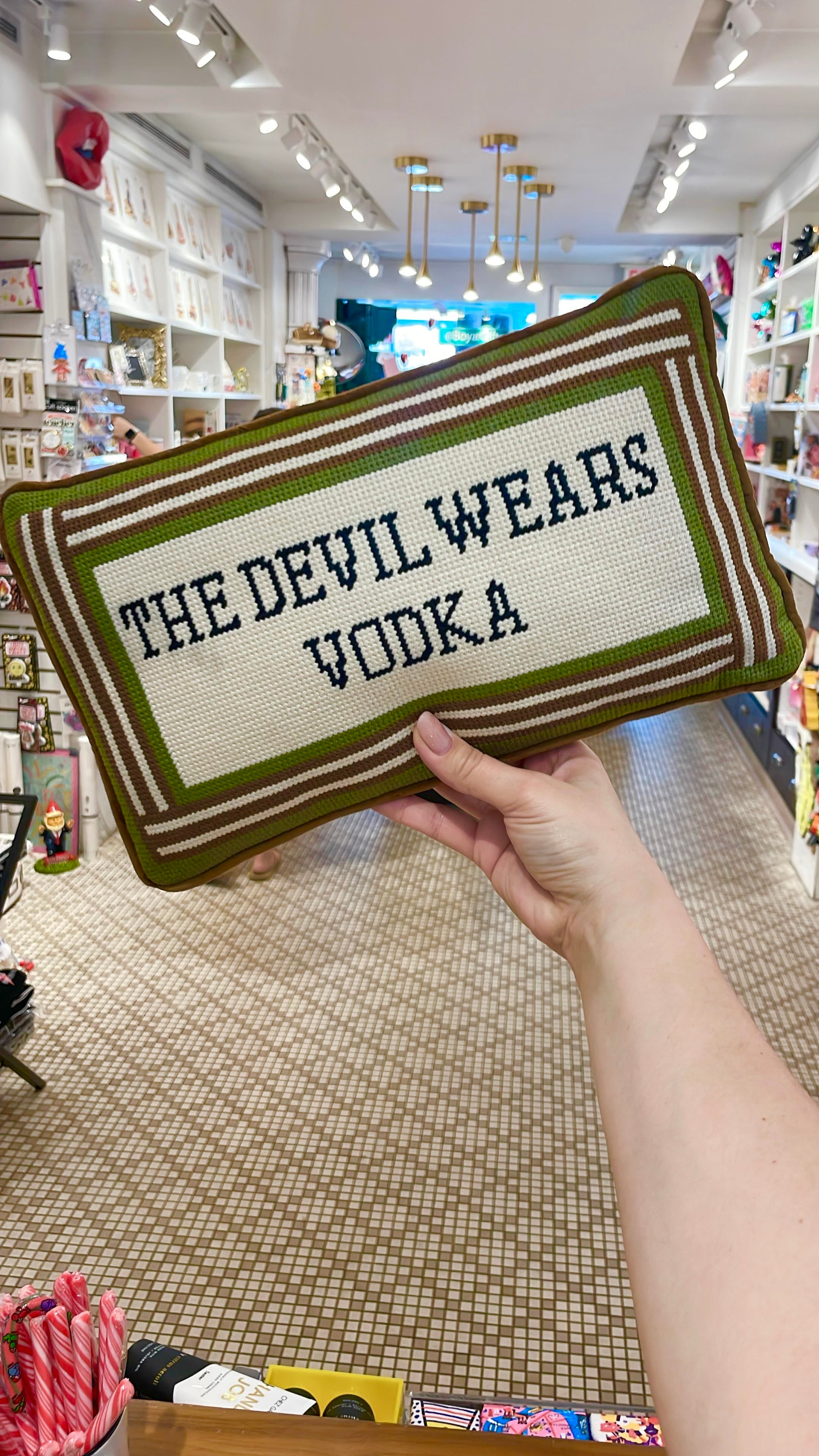 Devil Wears Vodka Needlepoint Pillow