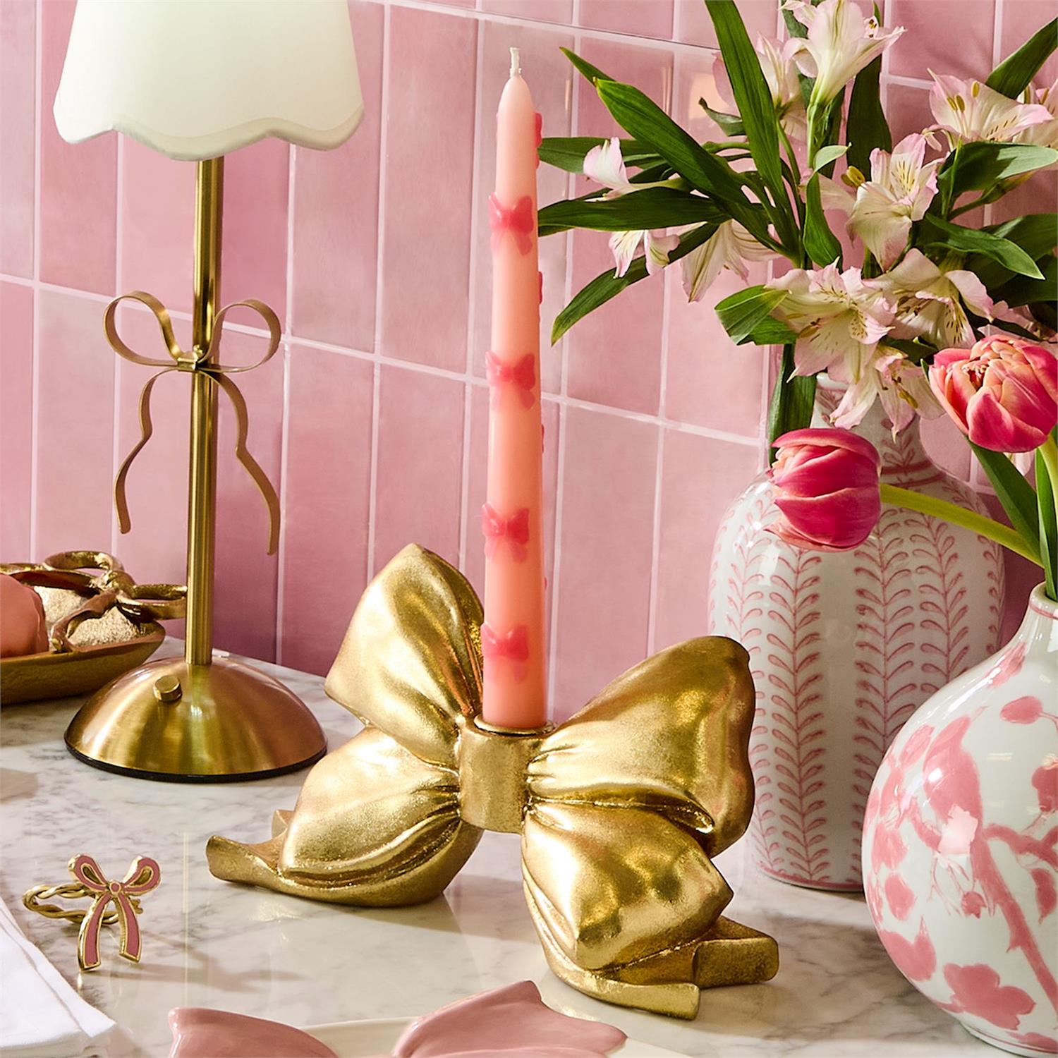 Gold Bow Taper Candle Holder