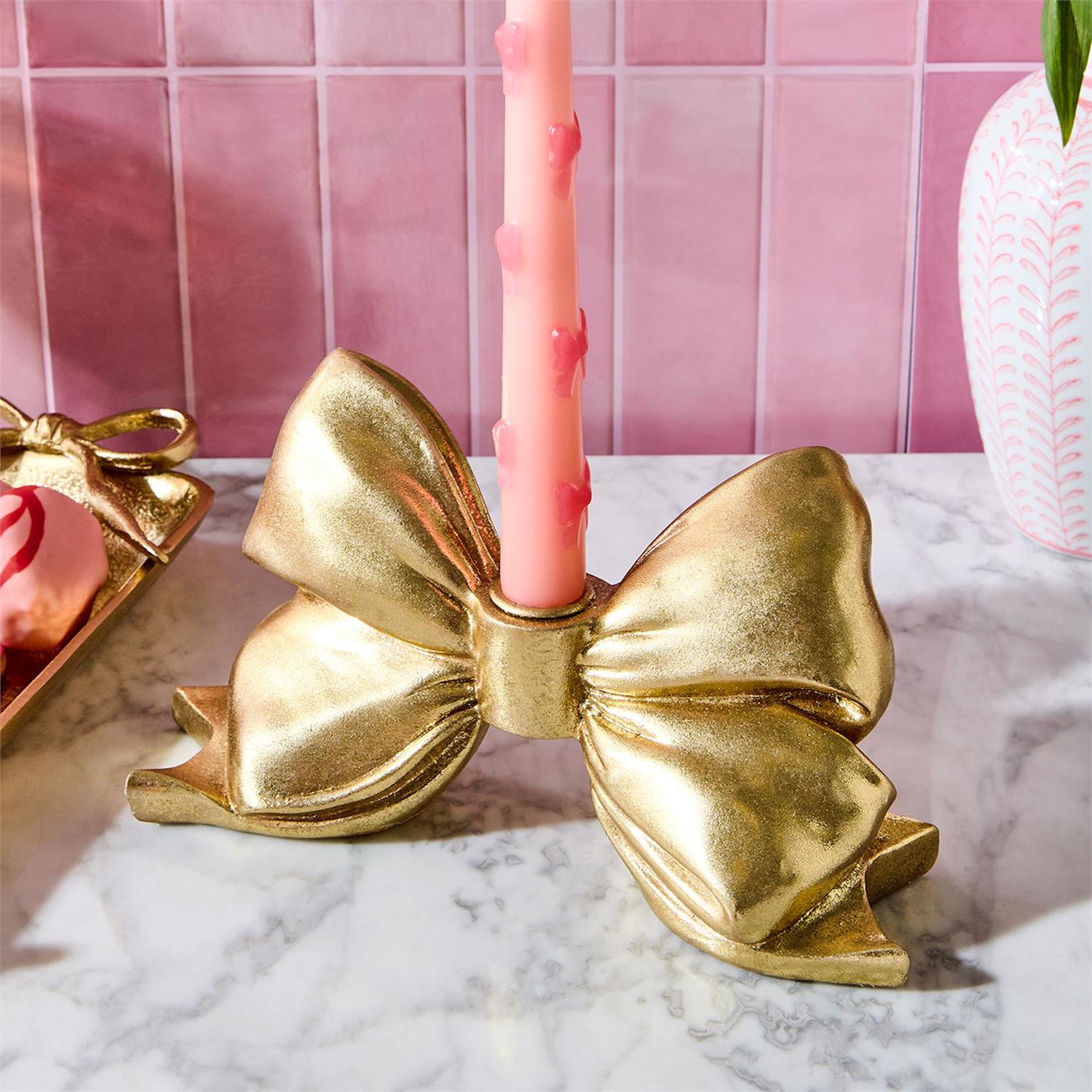Gold Bow Taper Candle Holder